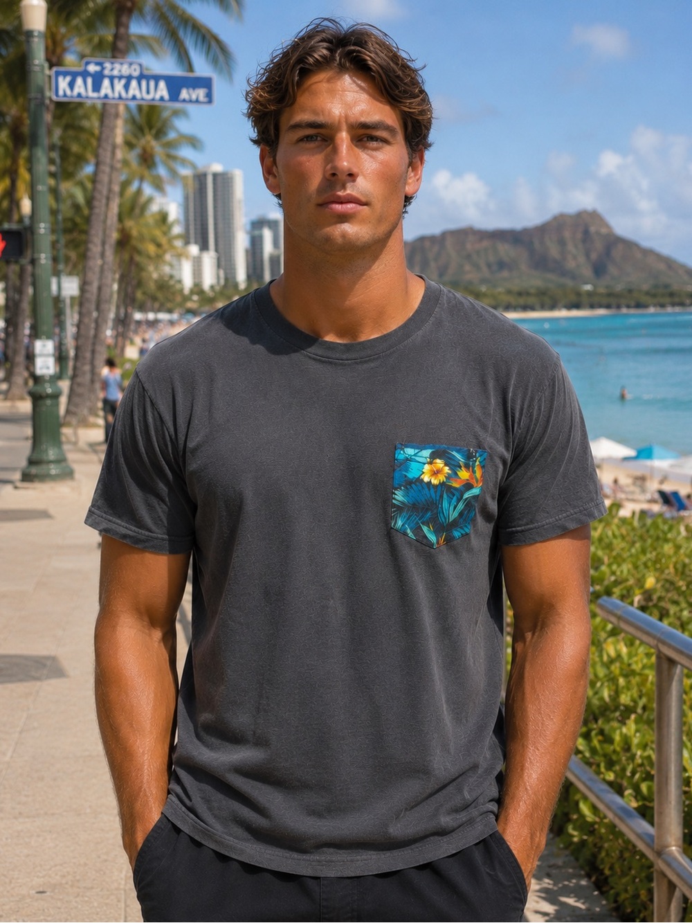 Rip Curl Charcoal Short Sleeve Tee with Tropical Pocket